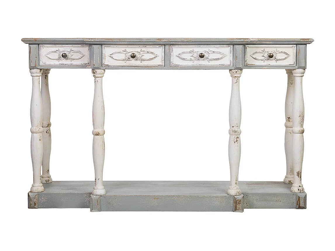 Konsolentisch mit 4 Schubladen, Tannenholz, 142x42x85 cm, Weiß-Natur