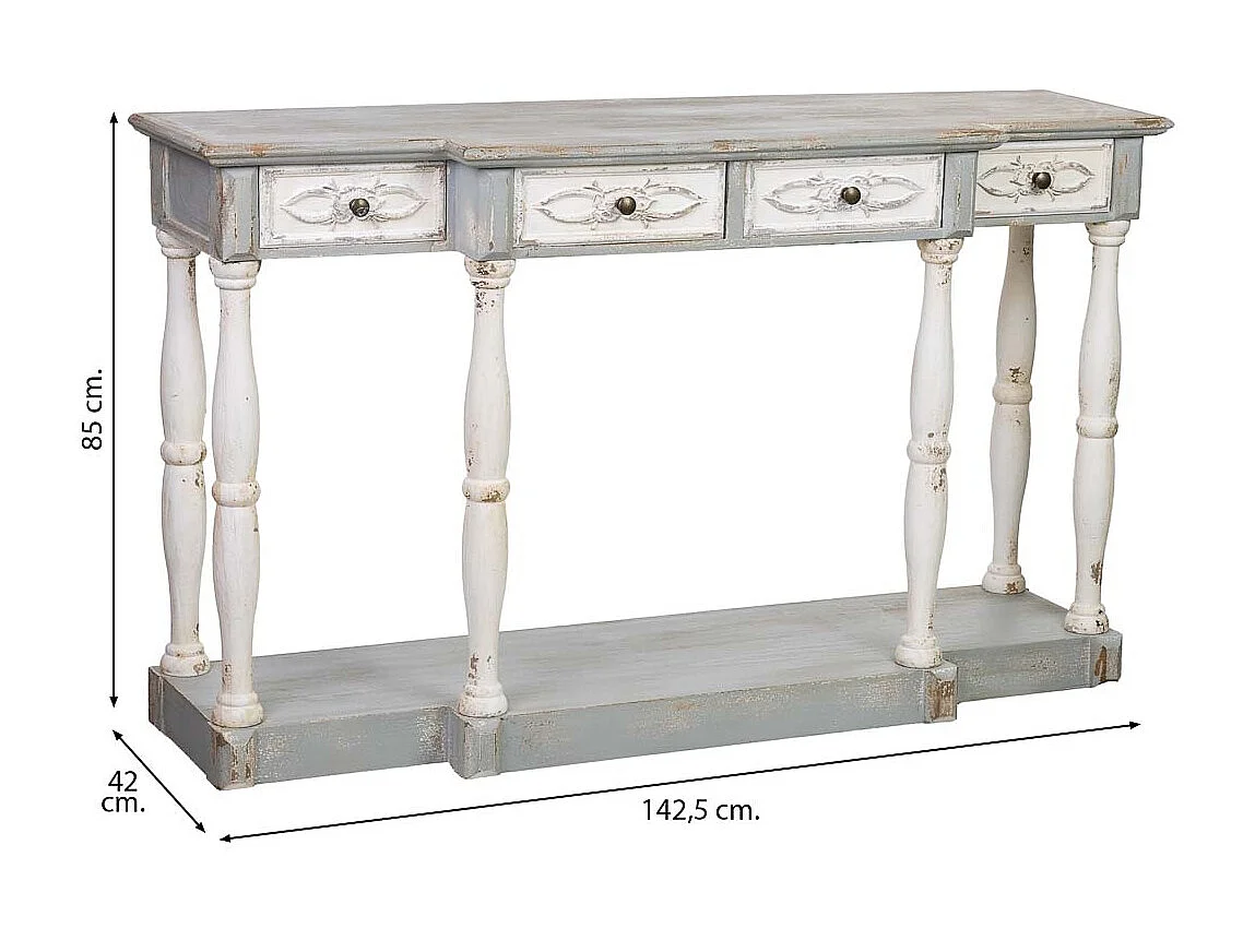 Konsolentisch mit 4 Schubladen, Tannenholz, 142x42x85 cm, Weiß-Natur