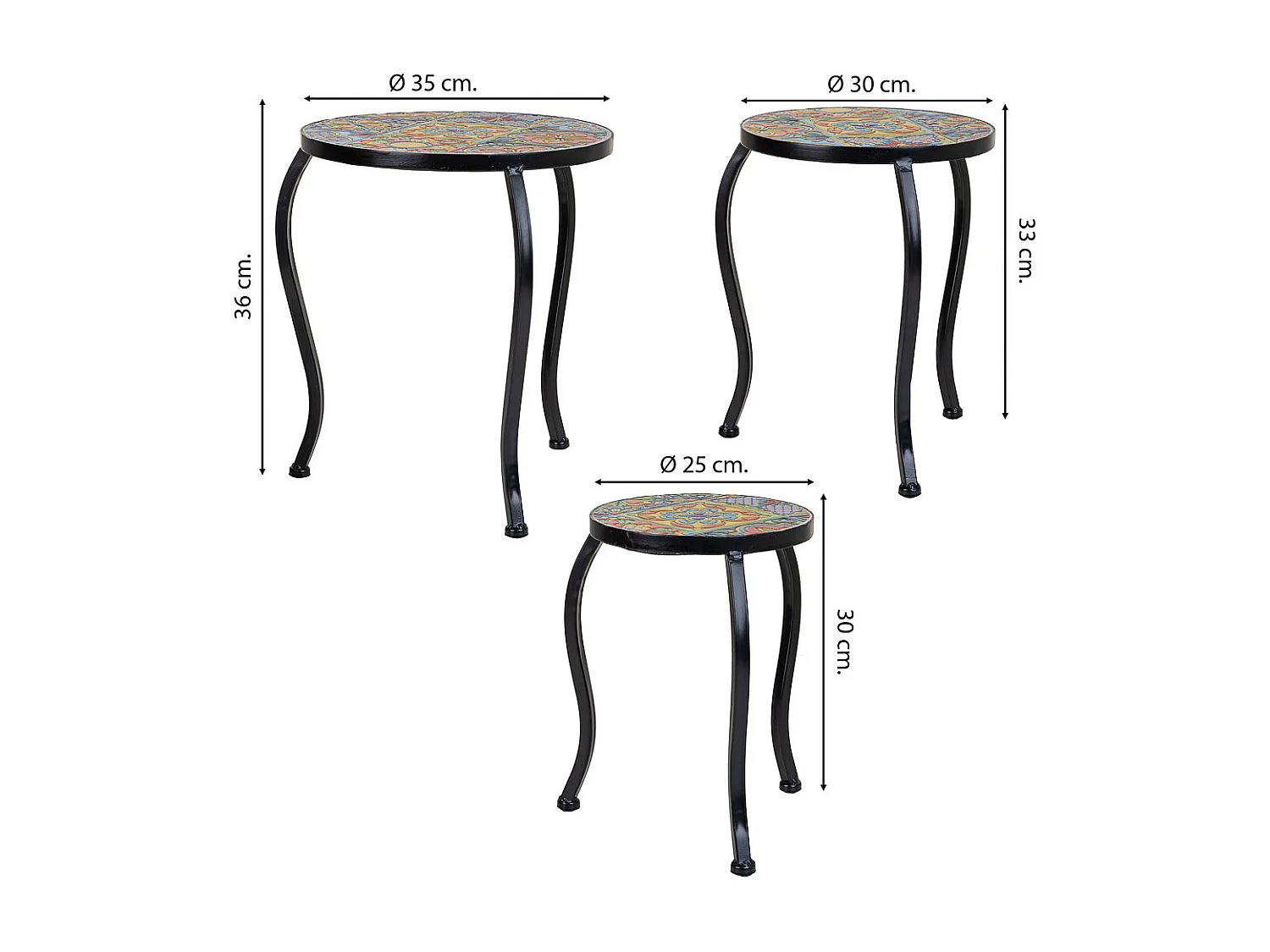 Set mit 3 schwarzen Mosaik- und Metallstützen