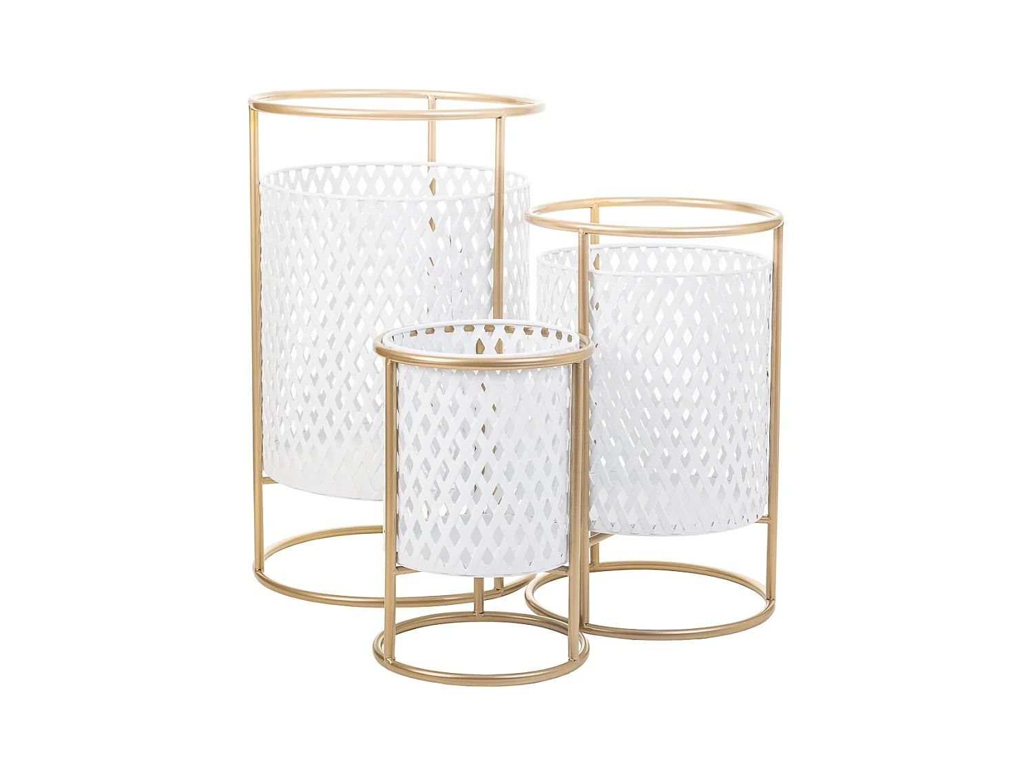 Maceteros de metal con soporte de metal set 3 pzas blanco 31x31x72h-26x26x57h-21x21x42h cm