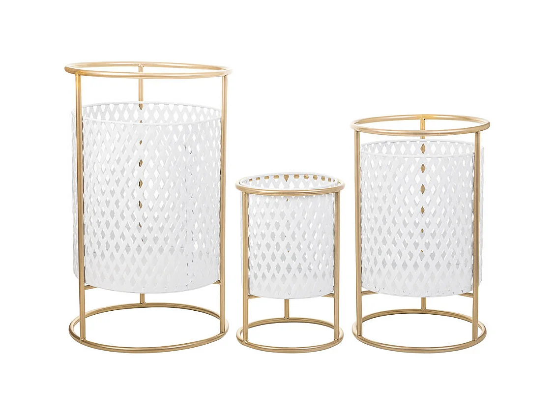 Maceteros de metal con soporte de metal set 3 pzas blanco 31x31x72h-26x26x57h-21x21x42h cm