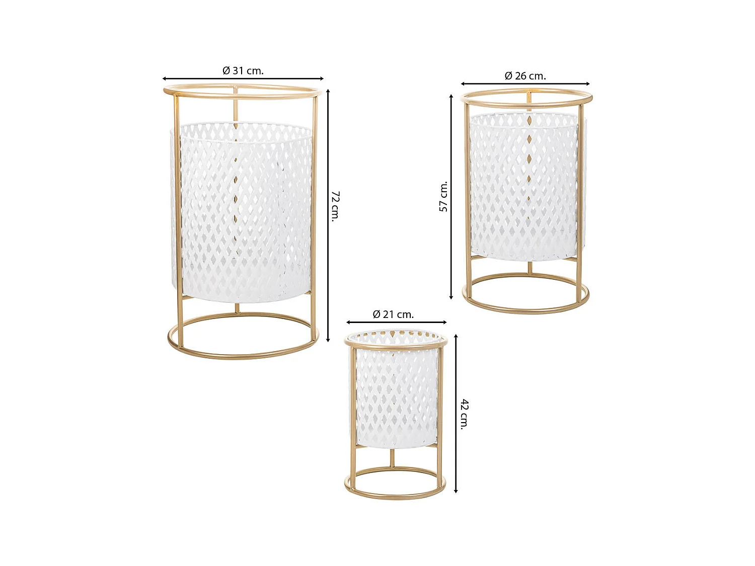 Maceteros de metal con soporte de metal set 3 pzas blanco 31x31x72h-26x26x57h-21x21x42h cm