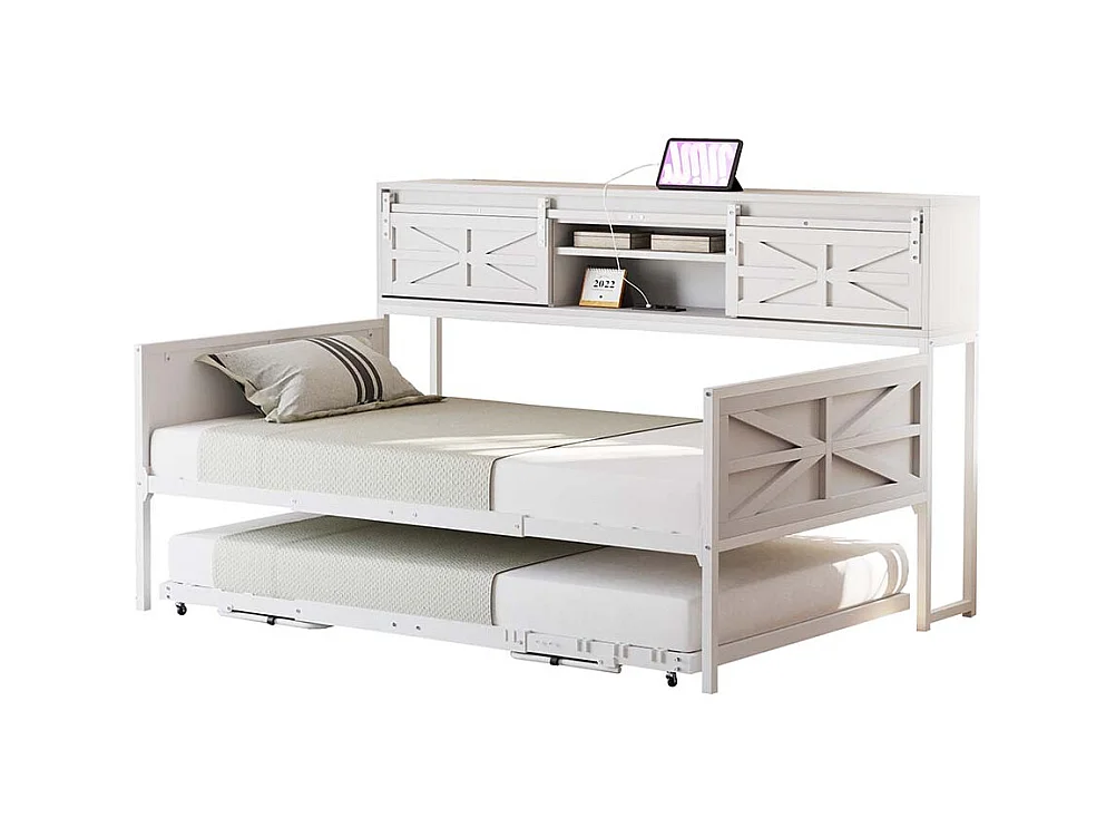 Lit gigogne 90x200 avec plusieurs compartiments de rangement et prises multifonctionnelles fer à repasser couleur blanc