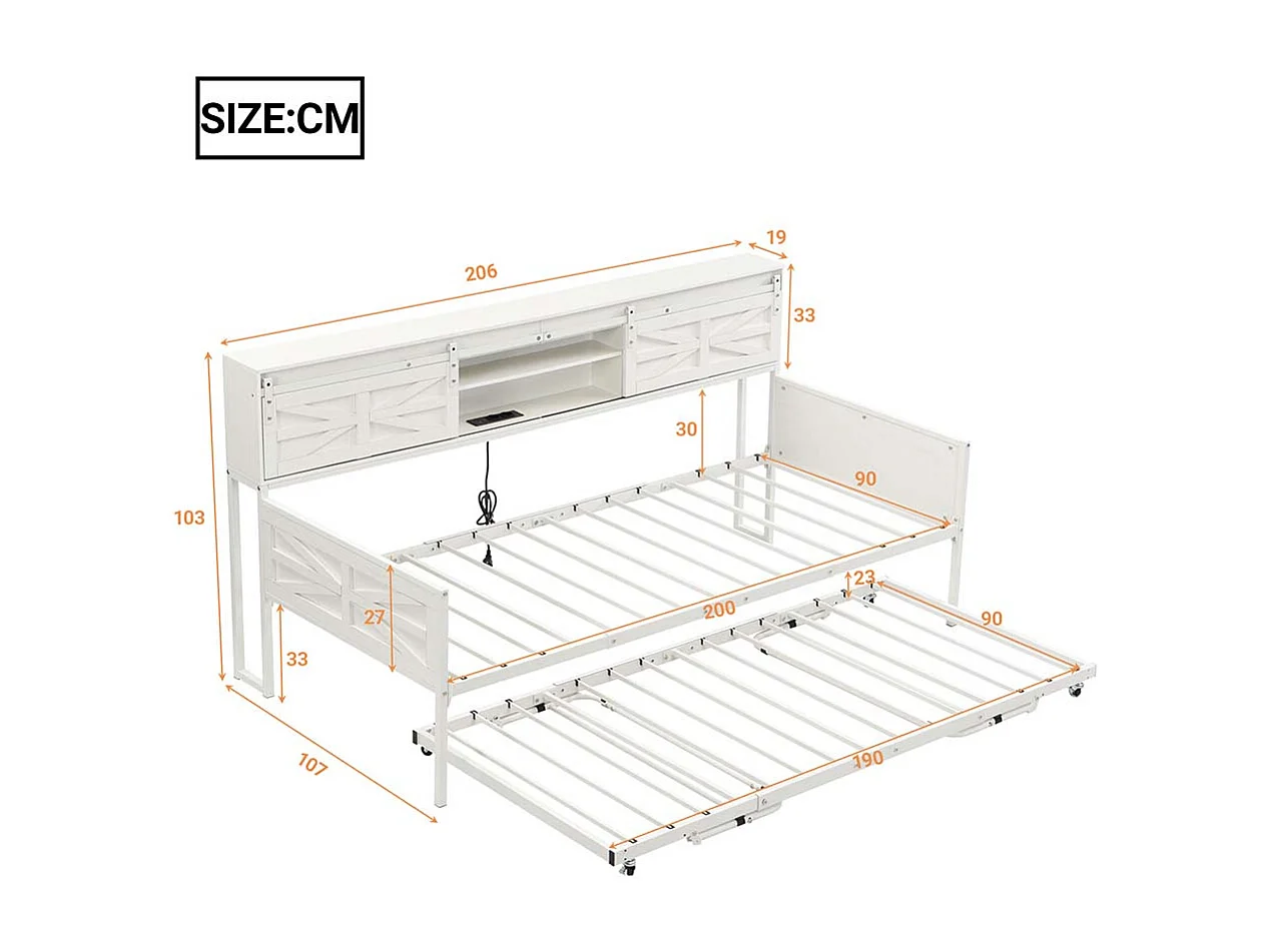 Lit gigogne 90x200 avec plusieurs compartiments de rangement et prises multifonctionnelles fer à repasser couleur blanc