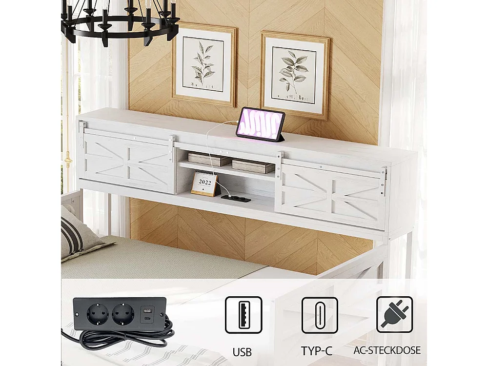 Lit gigogne 90x200 avec plusieurs compartiments de rangement et prises multifonctionnelles fer à repasser couleur blanc