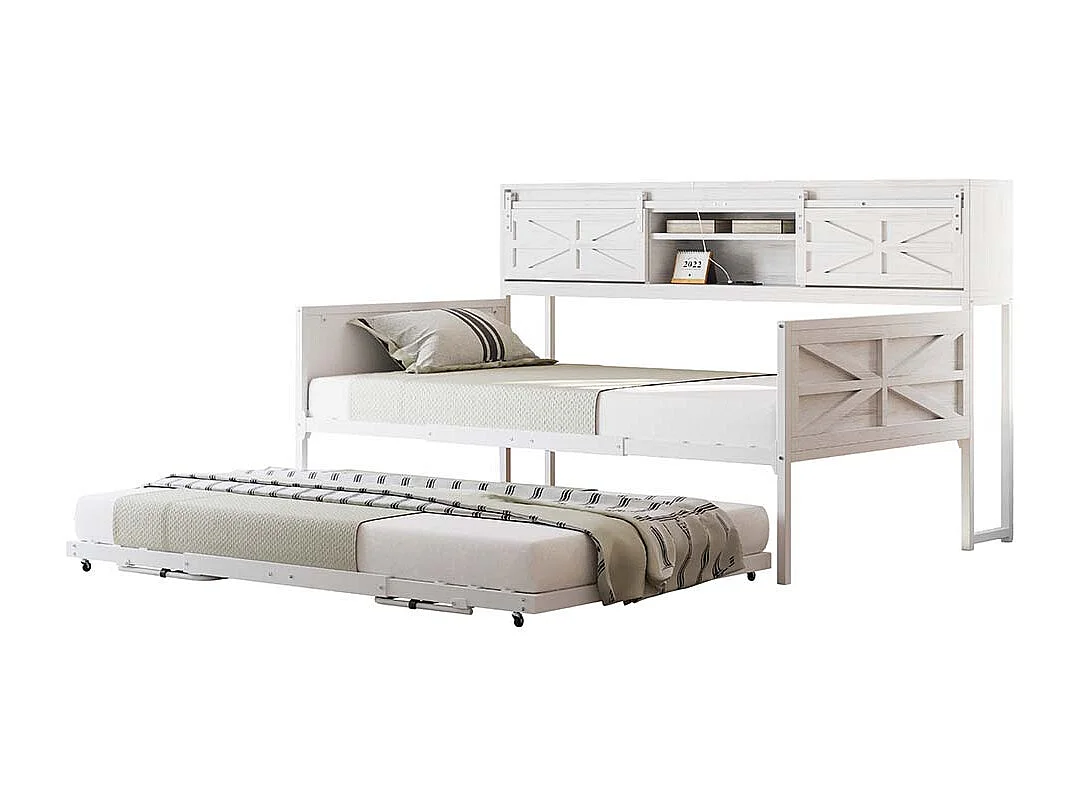 Lit gigogne 90x200 avec plusieurs compartiments de rangement et prises multifonctionnelles fer à repasser couleur blanc