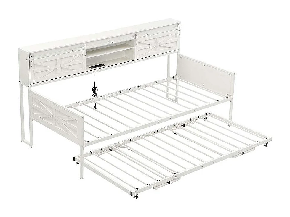 Lit gigogne 90x200 avec plusieurs compartiments de rangement et prises multifonctionnelles fer à repasser couleur blanc