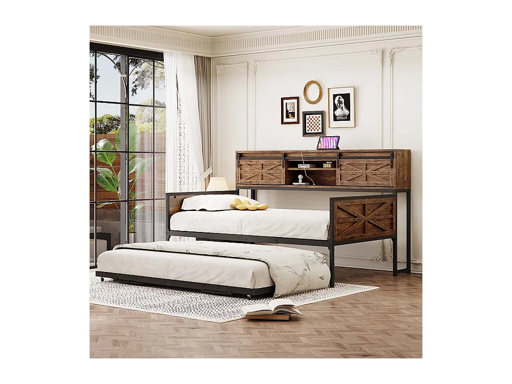 Lit gigogne 90x200 avec plusieurs compartiments de rangement et prises multifonctionnelles fer à repasser couleur noir+marron