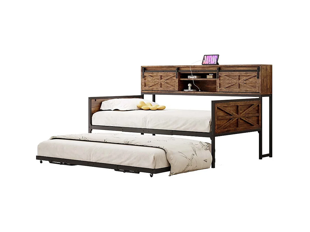 Lit gigogne 90x200 avec plusieurs compartiments de rangement et prises multifonctionnelles fer à repasser couleur noir+marron