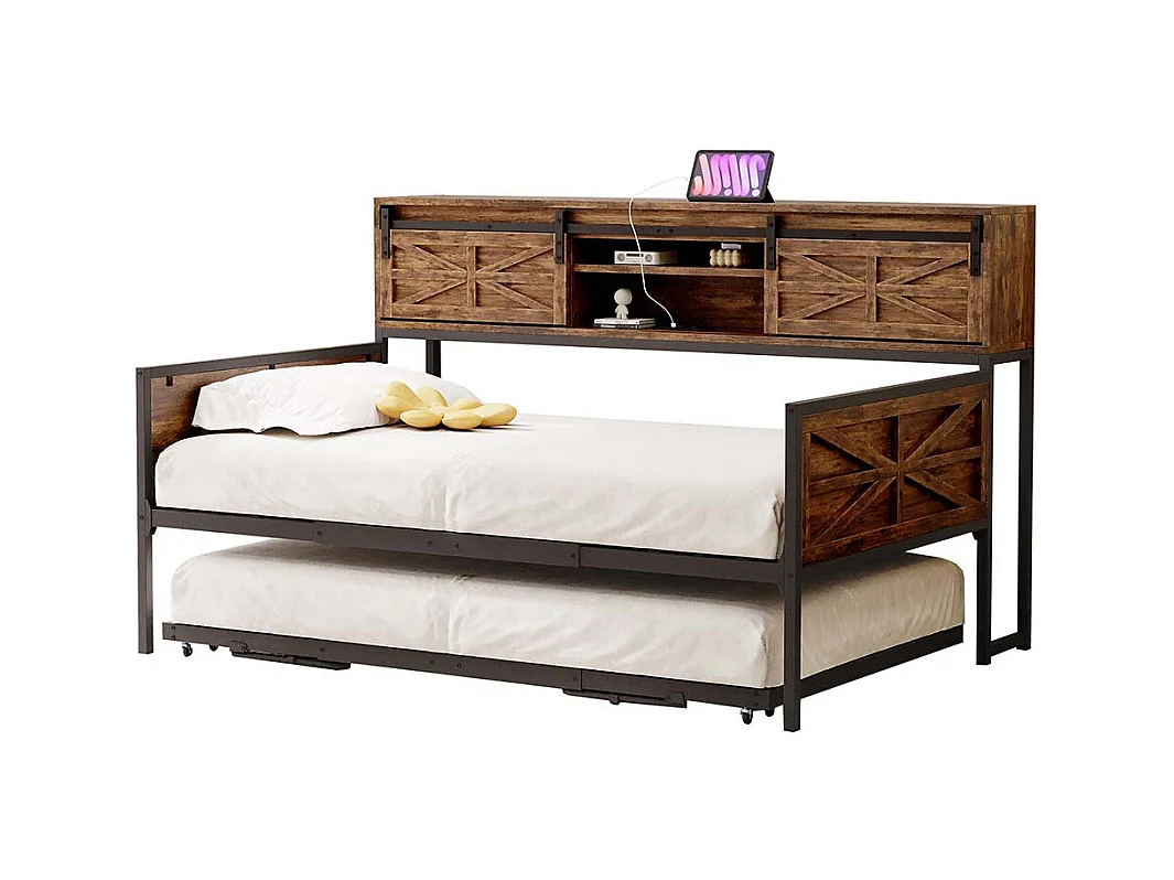Lit gigogne 90x200 avec plusieurs compartiments de rangement et prises multifonctionnelles fer à repasser couleur noir+marron