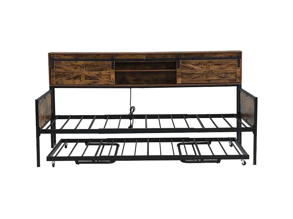 Lit gigogne 90x200 avec plusieurs compartiments de rangement et prises multifonctionnelles fer à repasser couleur noir+marron