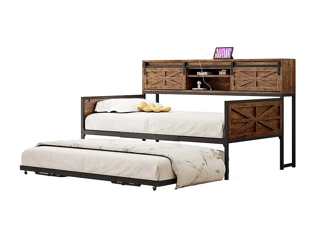 Lit gigogne 90x200 avec plusieurs compartiments de rangement et prises multifonctionnelles fer à repasser couleur noir+marron