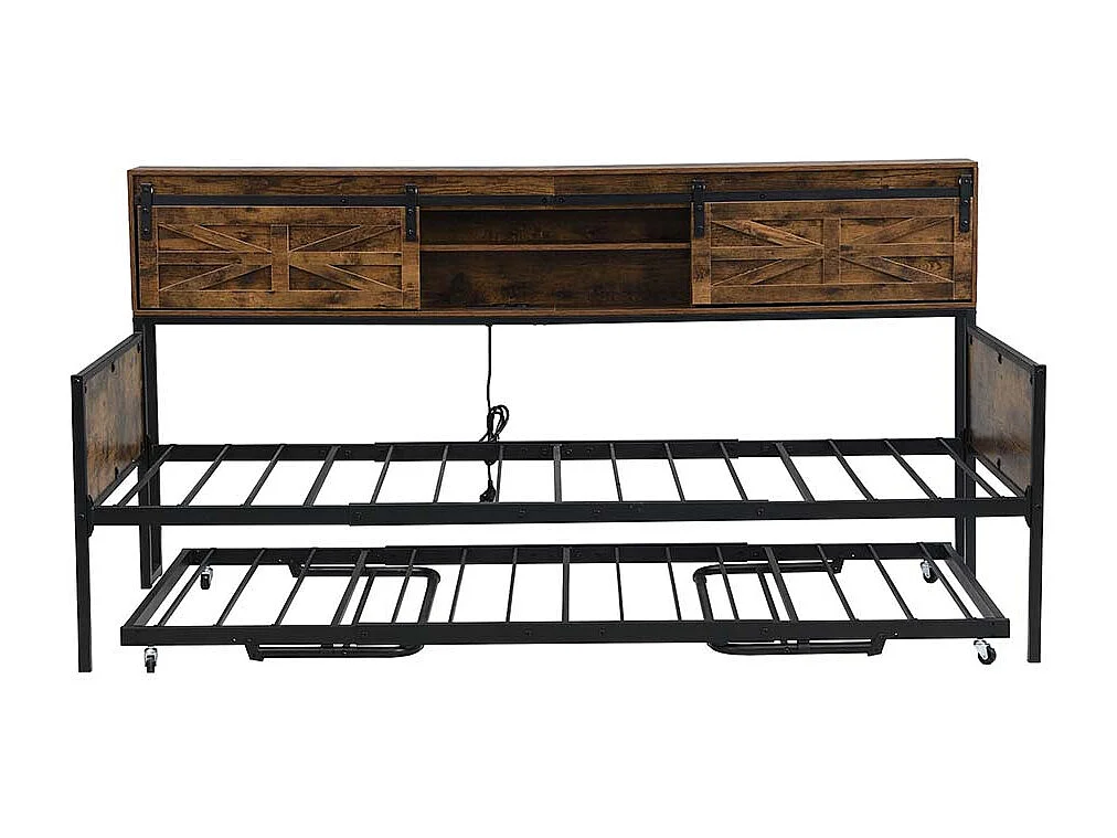 Lit gigogne 90x200 avec plusieurs compartiments de rangement et prises multifonctionnelles fer à repasser couleur noir+marron