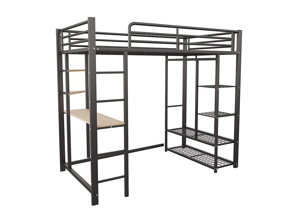 Lit mezzanine avec échelle 90x200 pour enfant avec table à suspension simple et compartiments de rangement noir