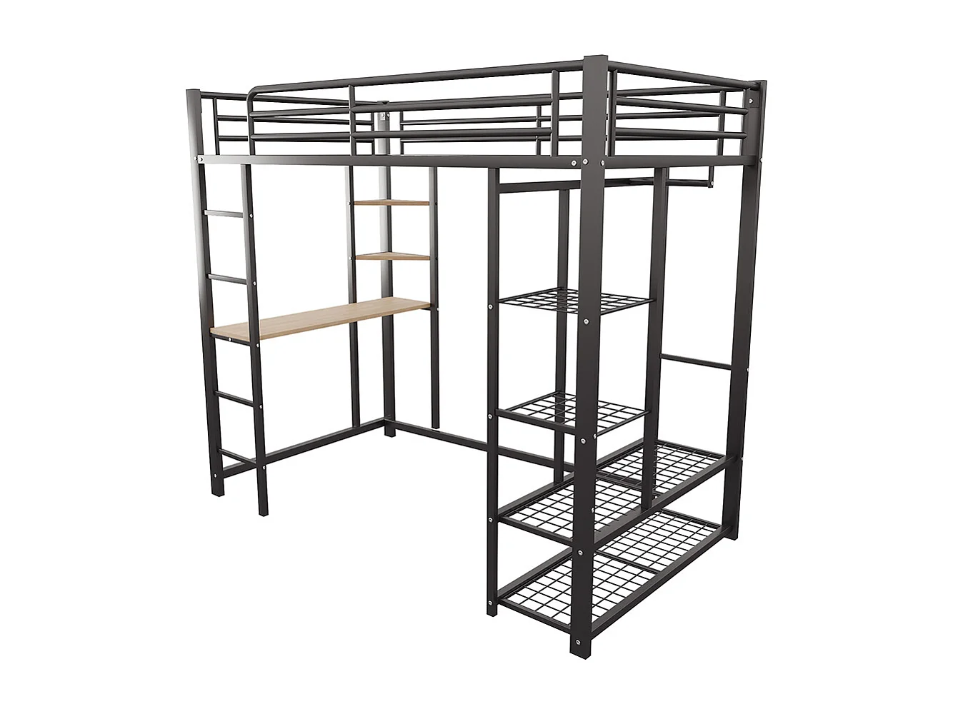 Lit mezzanine avec échelle 90x200 pour enfant avec table à suspension simple et compartiments de rangement noir