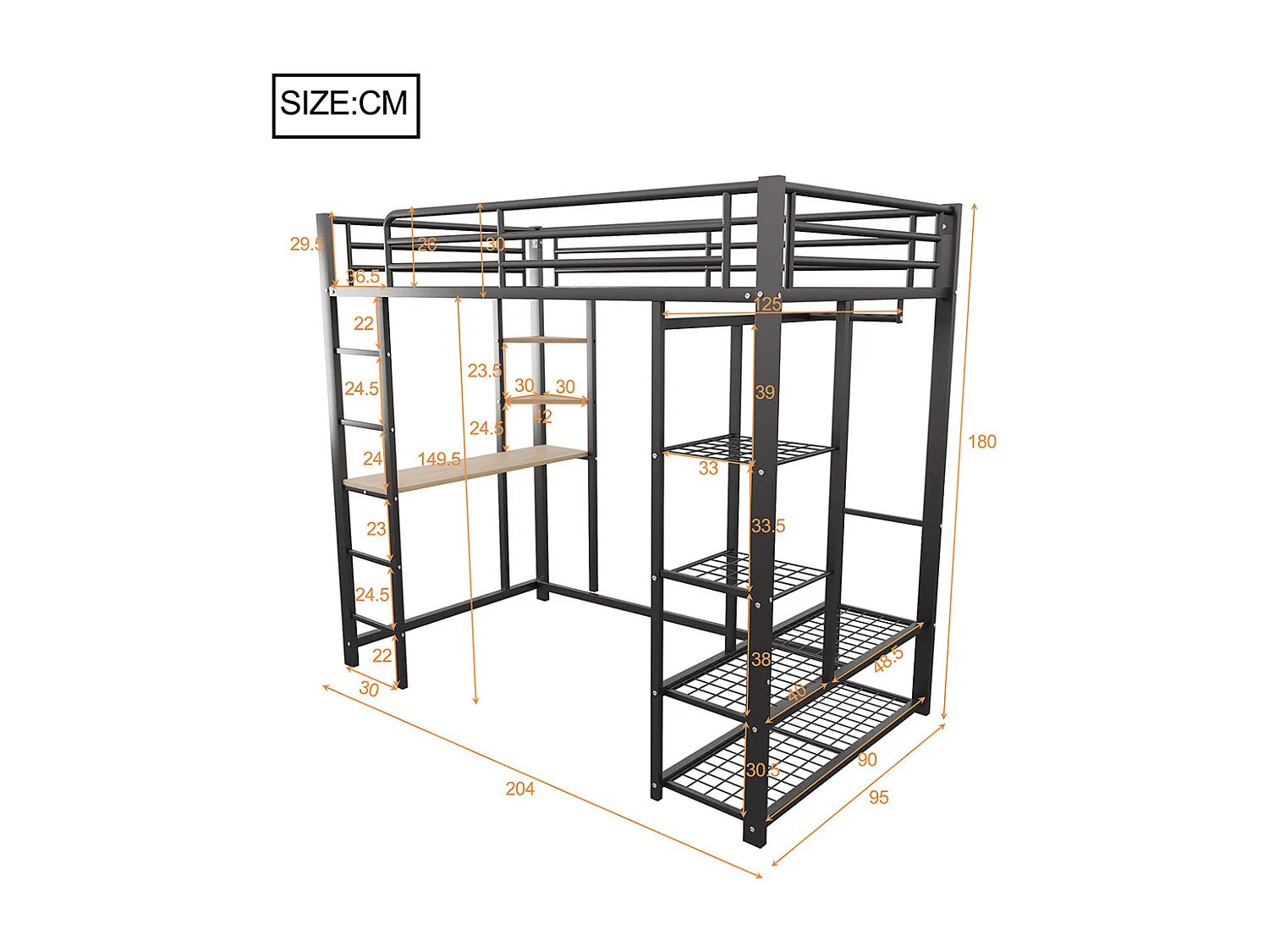 Lit mezzanine avec échelle 90x200 pour enfant avec table à suspension simple et compartiments de rangement noir