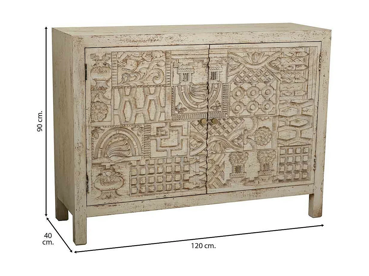 Credenza in legno scolpito bianco 120x40x90