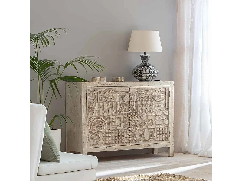 Credenza in legno scolpito bianco 120x40x90