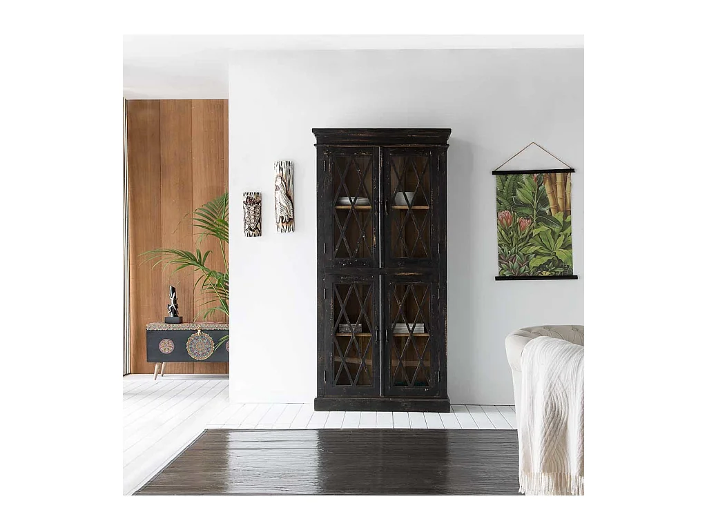 Handgefertigte Vitrine aus Holz und Glas, 90x40x183, schwarz