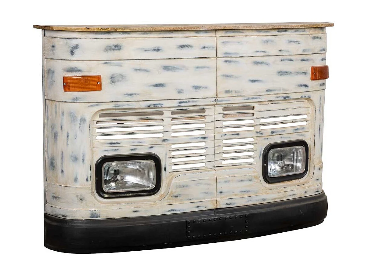 Barra botellero furgoneta de madera y metal blanca 153x47x105