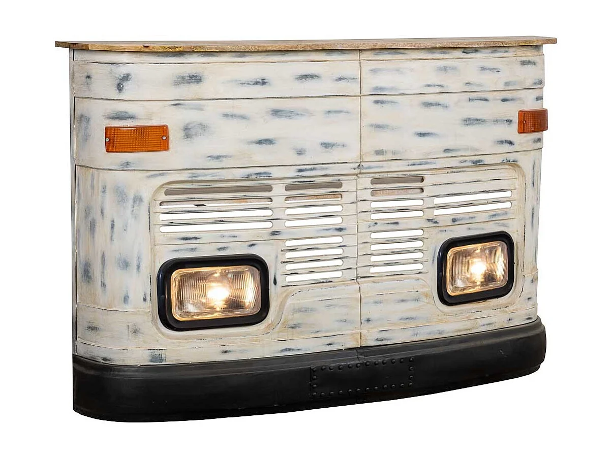 Barra botellero furgoneta de madera y metal blanca 153x47x105