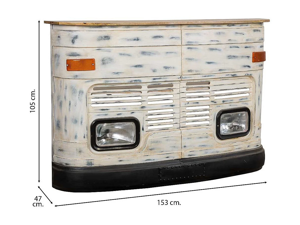 Barra botellero furgoneta de madera y metal blanca 153x47x105
