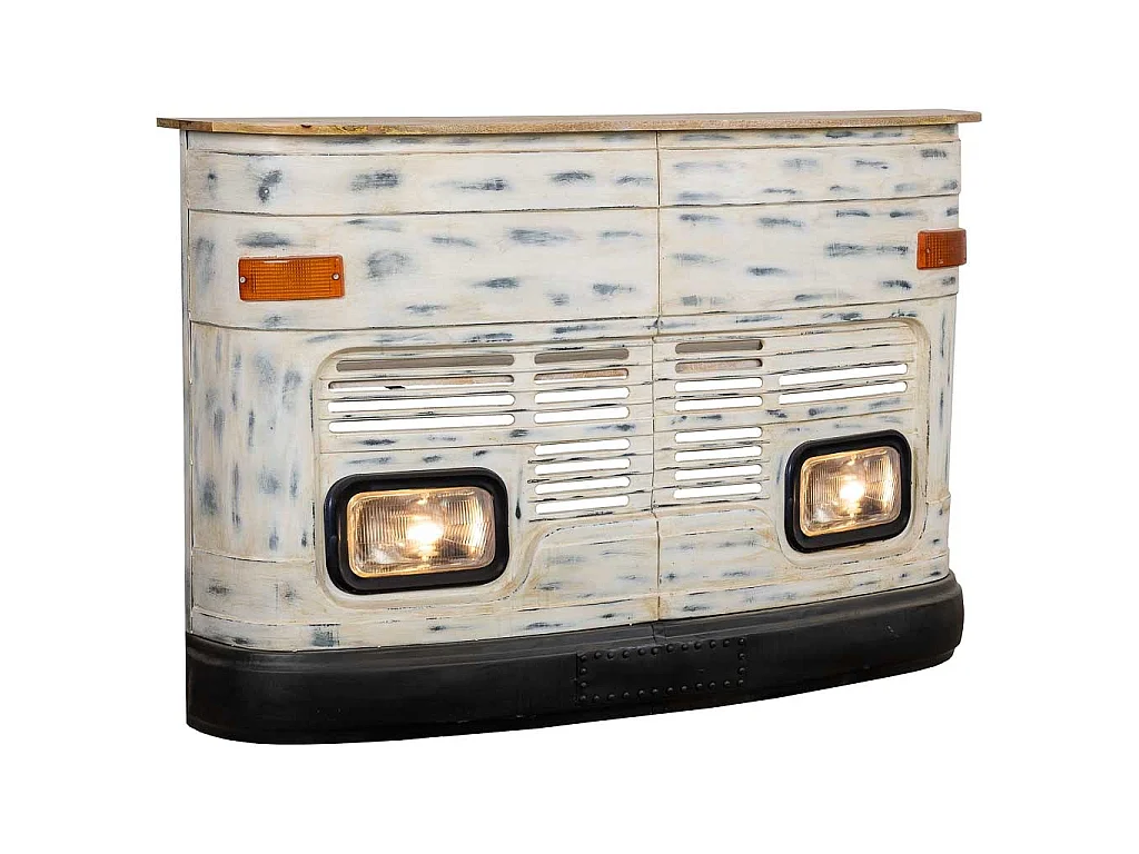 Barra botellero furgonetas de madera y metal blanca 153x47x105