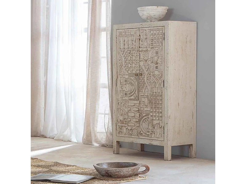 Armário feito à mão em madeira trabalhada com 2 portas branco 78x35x140