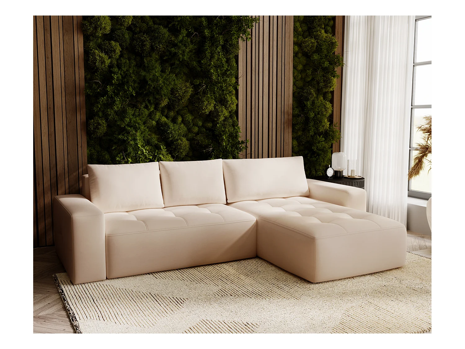 Emporius Nevada Canapé d'angle avec Rangement, Convertible - Tissu Velours, Canapé d'angle 250 cm, 4 Places - Droite, Beige (Trinity 4)