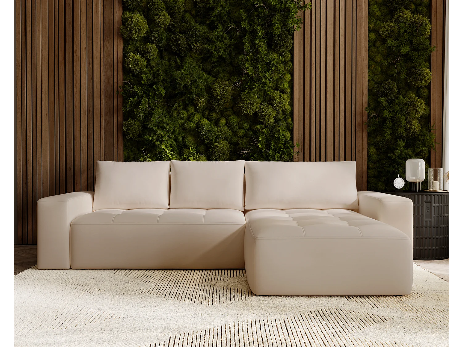 Emporius Nevada Hoekbank 250 cm met slaapfunctie et bedlade, rechts, fluweel beige (Trinity 4)