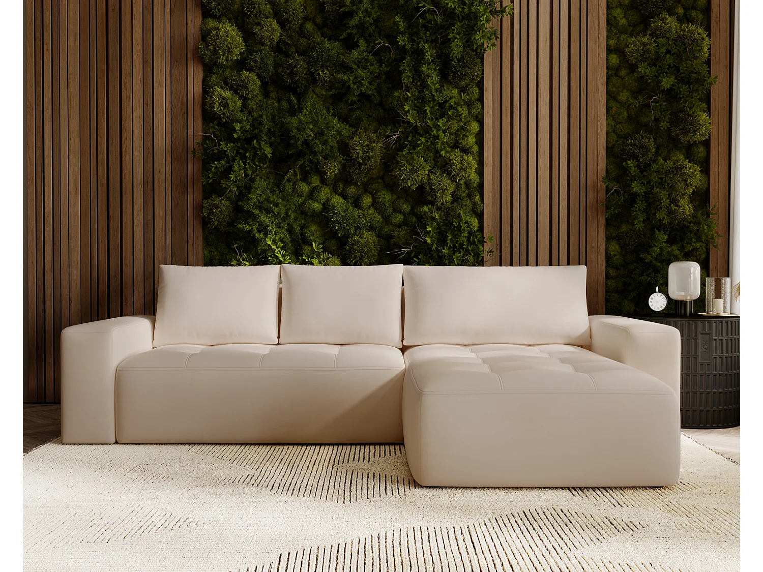 Canapé d'angle convertible 4 places en tissu capitonné beige