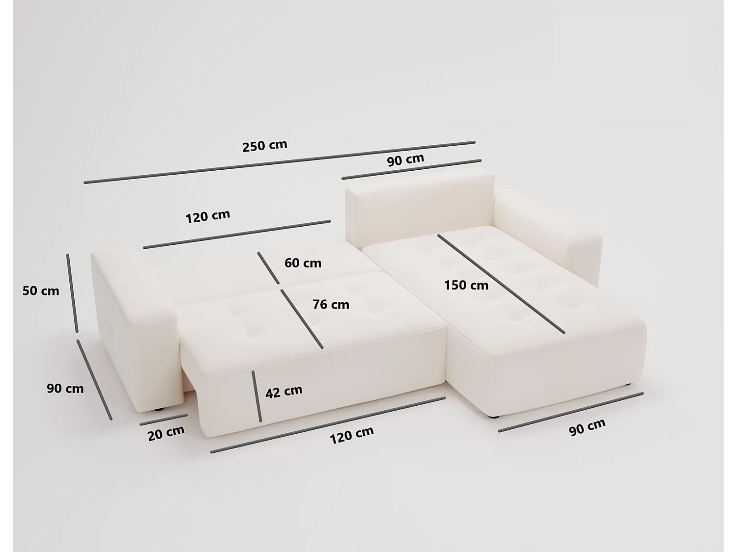 Canapé d'angle convertible 4 places en tissu capitonné beige