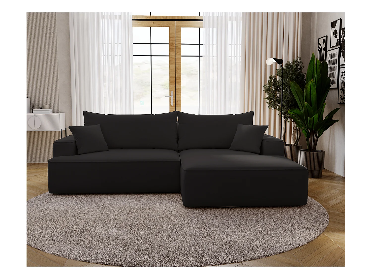 Emporius Dallas Canapé d'angle 270 cm, Convertible, Tissu Velours - Droite, Noir (Komodo 23)
