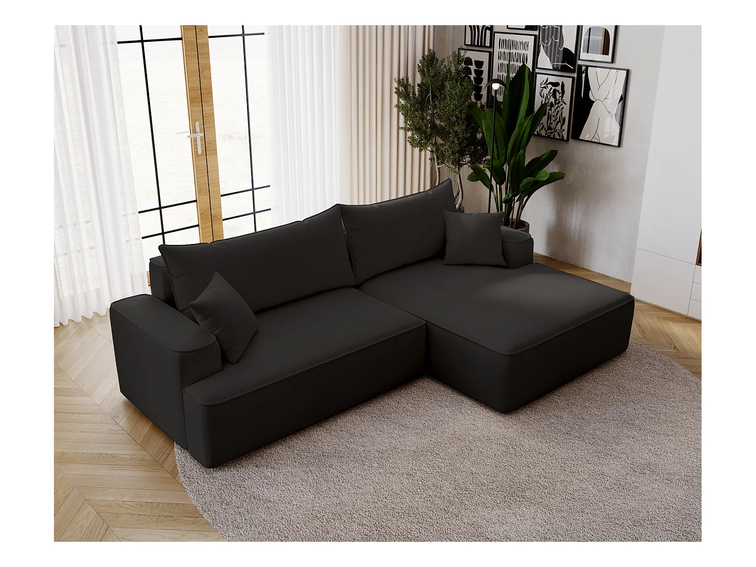 Emporius Dallas Canapé d'angle 270 cm, Convertible, Tissu Velours - Droite, Noir (Komodo 23)