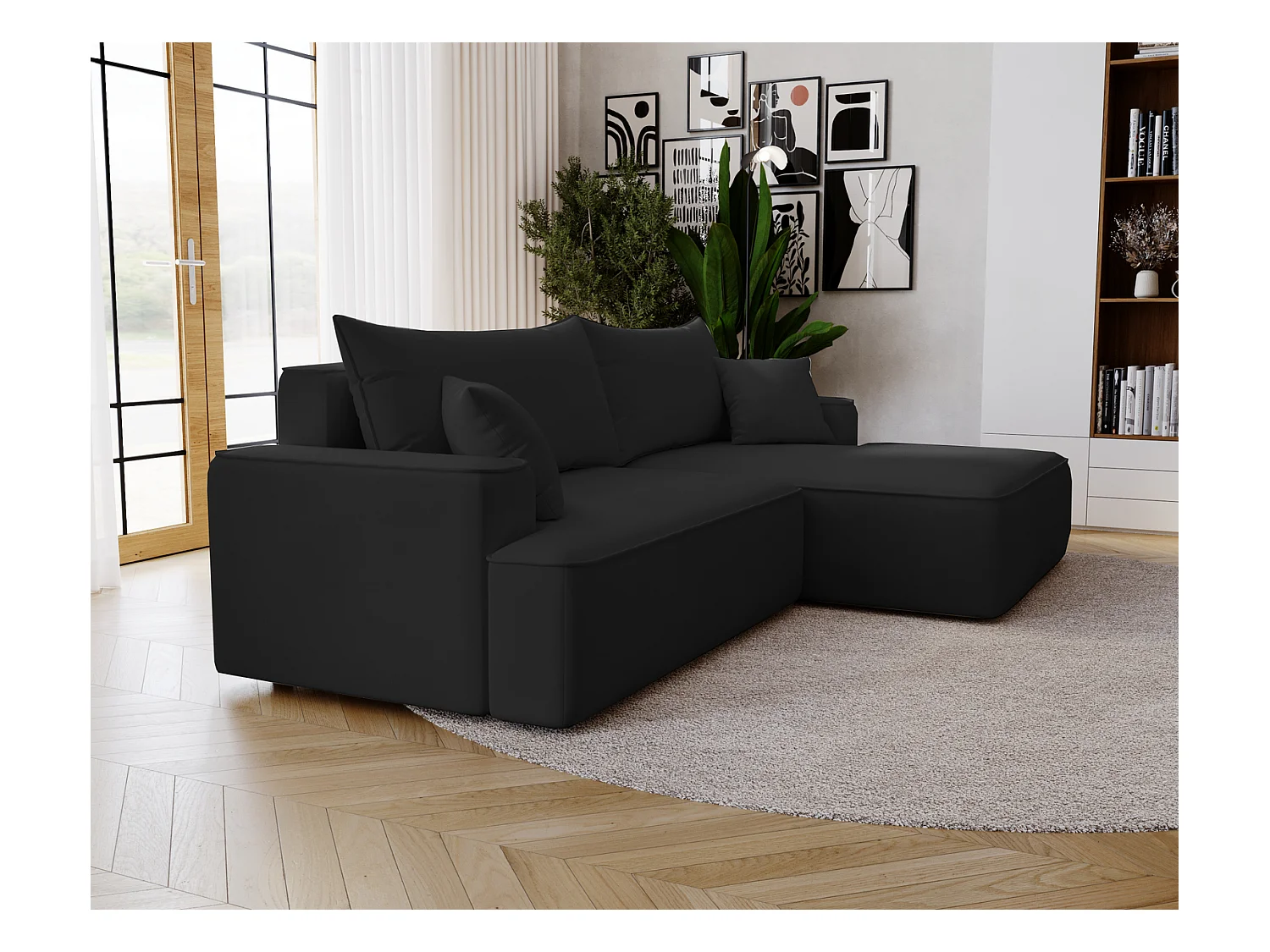 Emporius Dallas Canapé d'angle 270 cm, Convertible, Tissu Velours - Droite, Noir (Komodo 23)