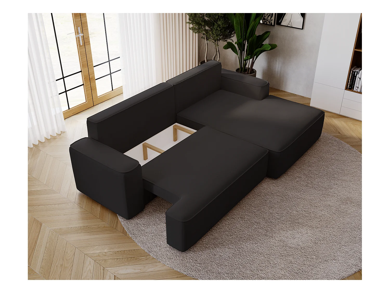 Emporius Dallas Canapé d'angle 270 cm, Convertible, Tissu Velours - Droite, Noir (Komodo 23)