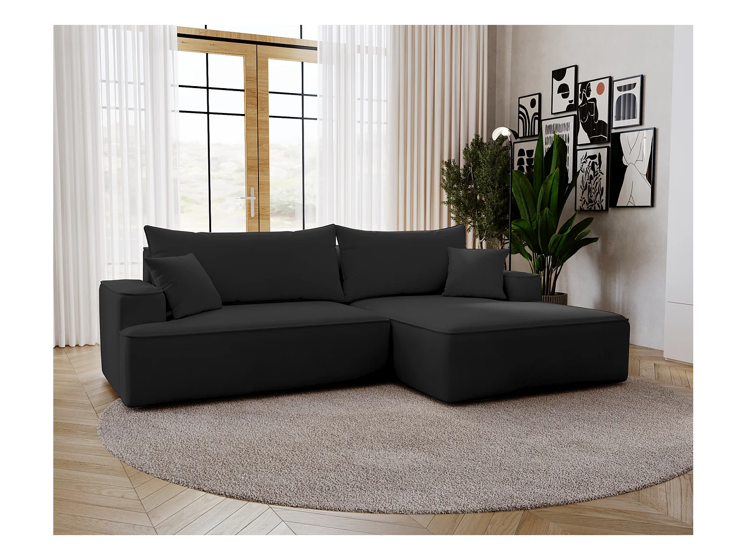 Emporius Dallas Canapé d'angle 270 cm, Convertible, Tissu Velours - Droite, Noir (Komodo 23)