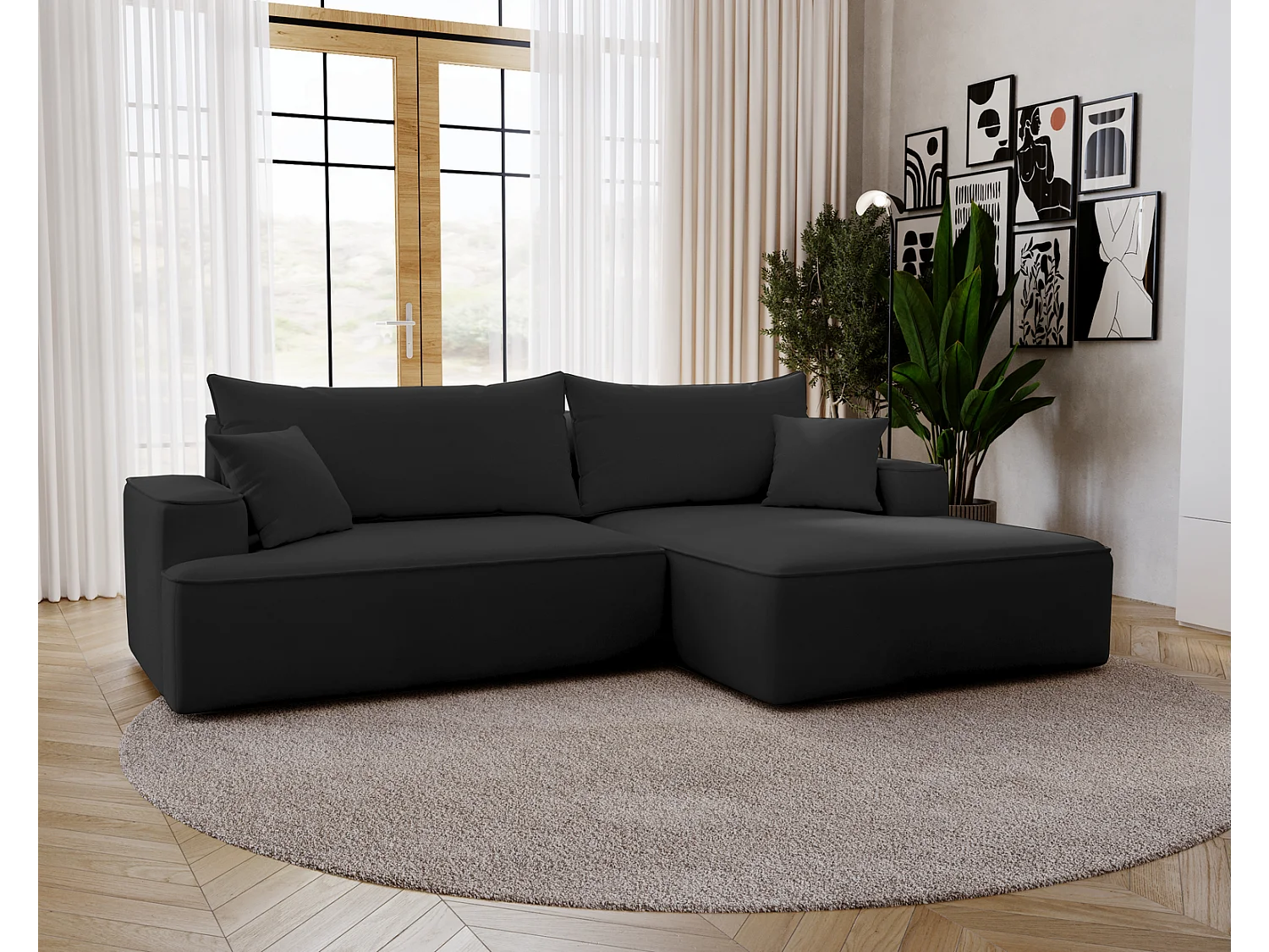 Emporius Dallas Hoekbank L-Vorm - slaapfunctie en bedlade, rechts - Sofa 250 cm, fluweel zwart (Komodo 23)