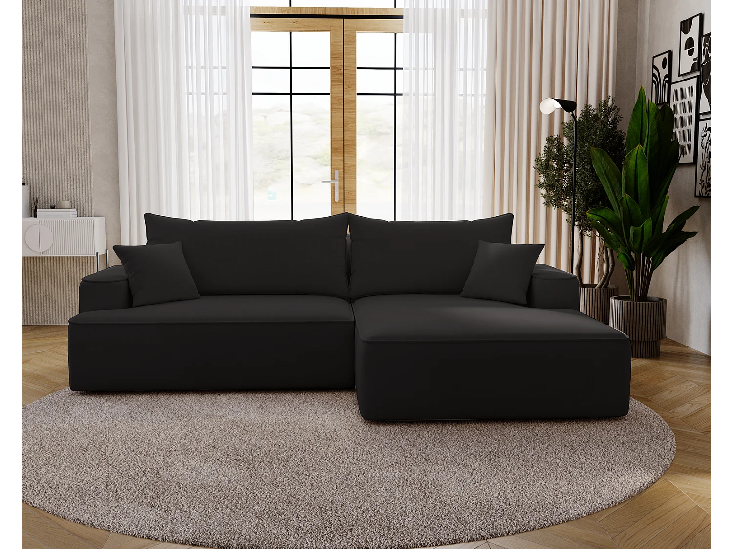Emporius Dallas Hoekbank L-Vorm - slaapfunctie en bedlade, rechts - Sofa 250 cm, fluweel zwart (Komodo 23)