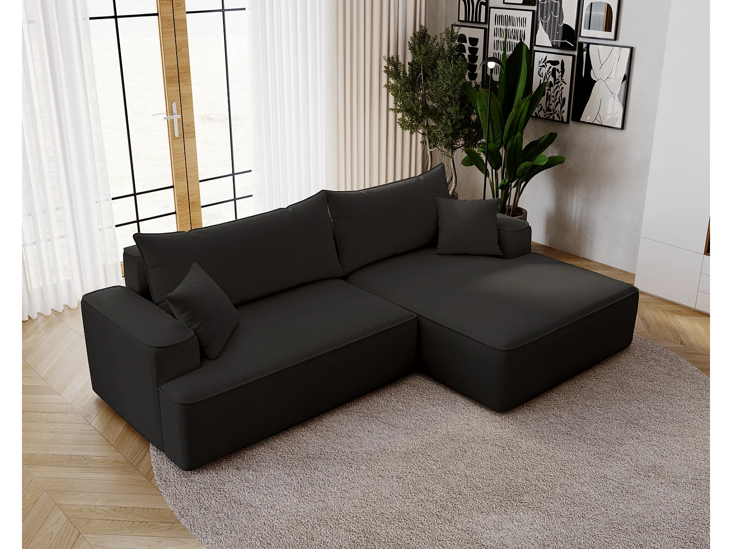 Emporius Dallas Hoekbank L-Vorm - slaapfunctie en bedlade, rechts - Sofa 250 cm, fluweel zwart (Komodo 23)
