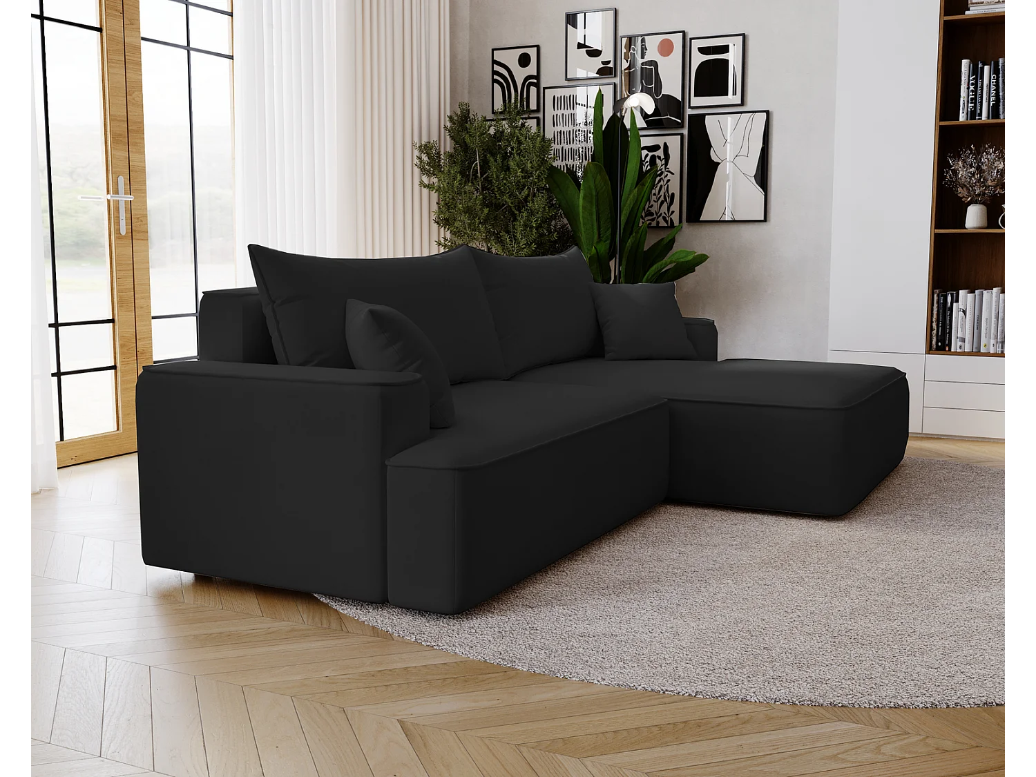 Emporius Dallas Hoekbank L-Vorm - slaapfunctie en bedlade, rechts - Sofa 250 cm, fluweel zwart (Komodo 23)