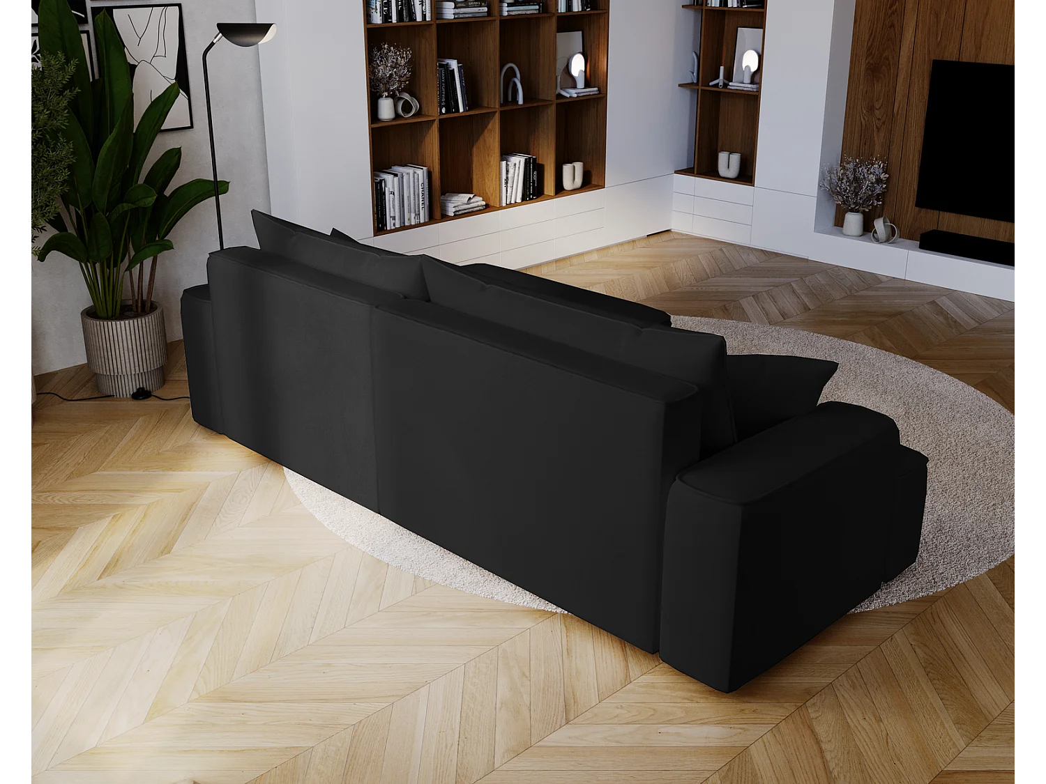 Emporius Dallas Hoekbank L-Vorm - slaapfunctie en bedlade, rechts - Sofa 250 cm, fluweel zwart (Komodo 23)