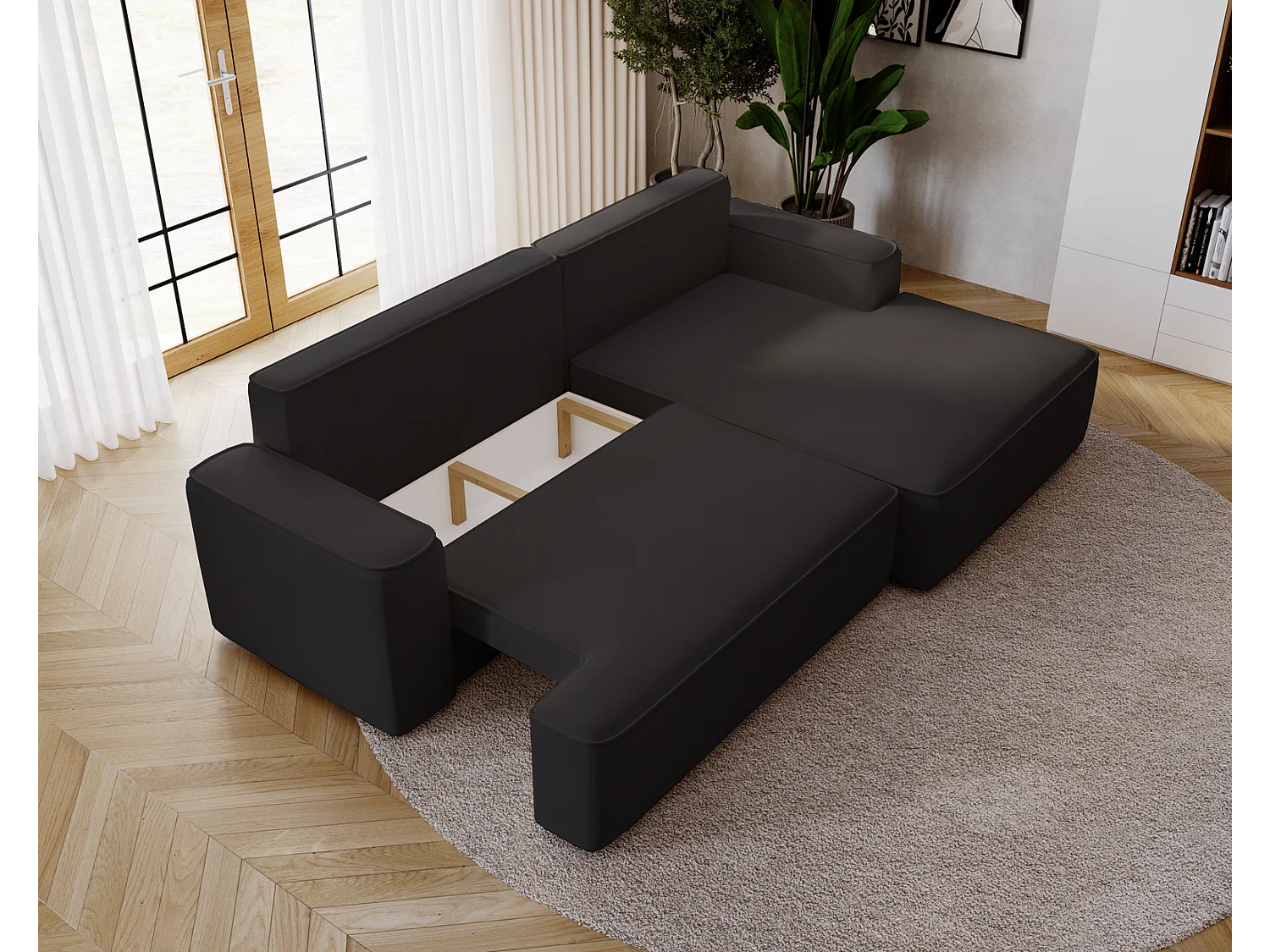 Emporius Dallas Hoekbank L-Vorm - slaapfunctie en bedlade, rechts - Sofa 250 cm, fluweel zwart (Komodo 23)