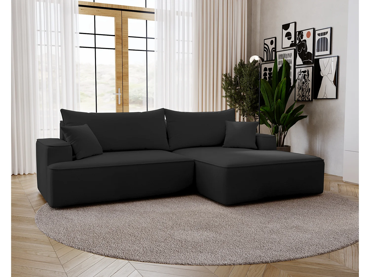 Canapé d'angle convertible Dallas, 270 cm, velours, droit, noir