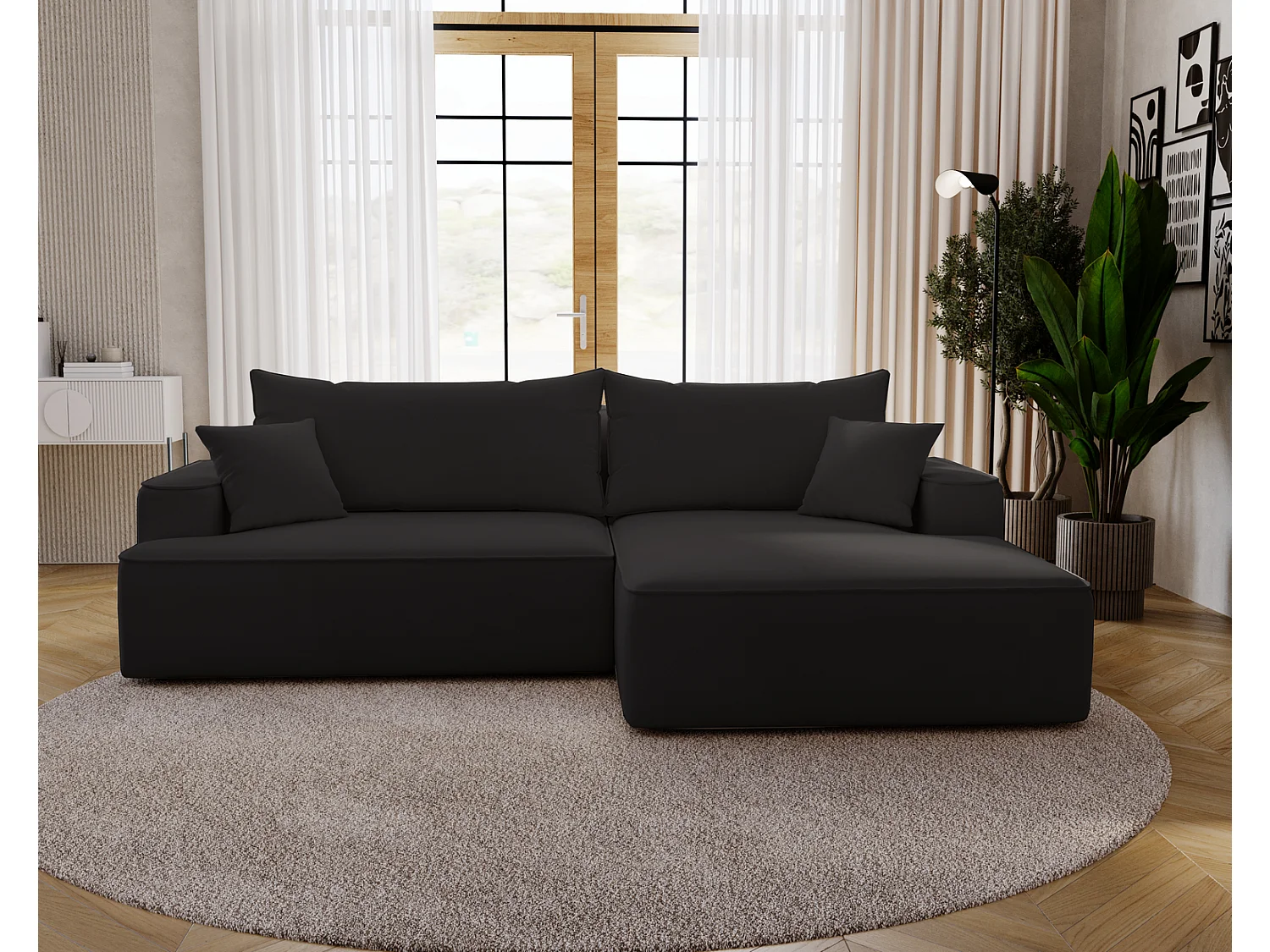 Canapé d'angle convertible Dallas, 270 cm, velours, droit, noir