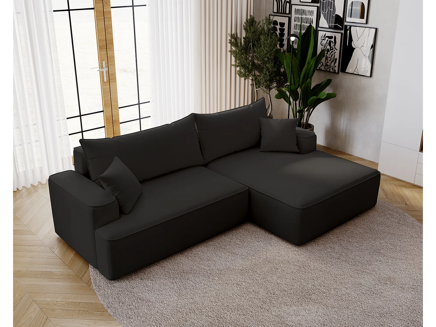 Canapé d'angle convertible Dallas, 270 cm, velours, droit, noir