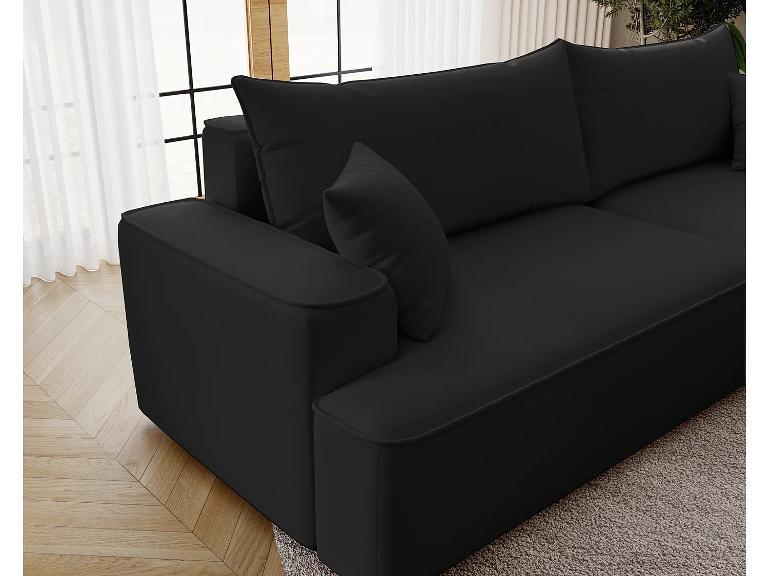 Canapé d'angle convertible Dallas, 270 cm, velours, droit, noir