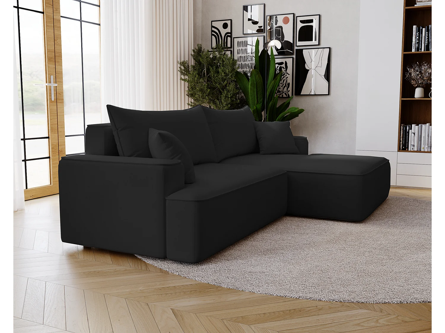 Canapé d'angle convertible Dallas, 270 cm, velours, droit, noir
