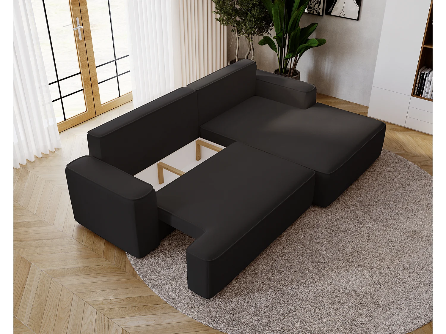 Canapé d'angle convertible Dallas, 270 cm, velours, droit, noir