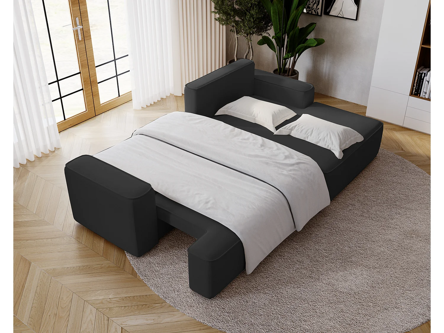 Canapé d'angle convertible Dallas, 270 cm, velours, droit, noir
